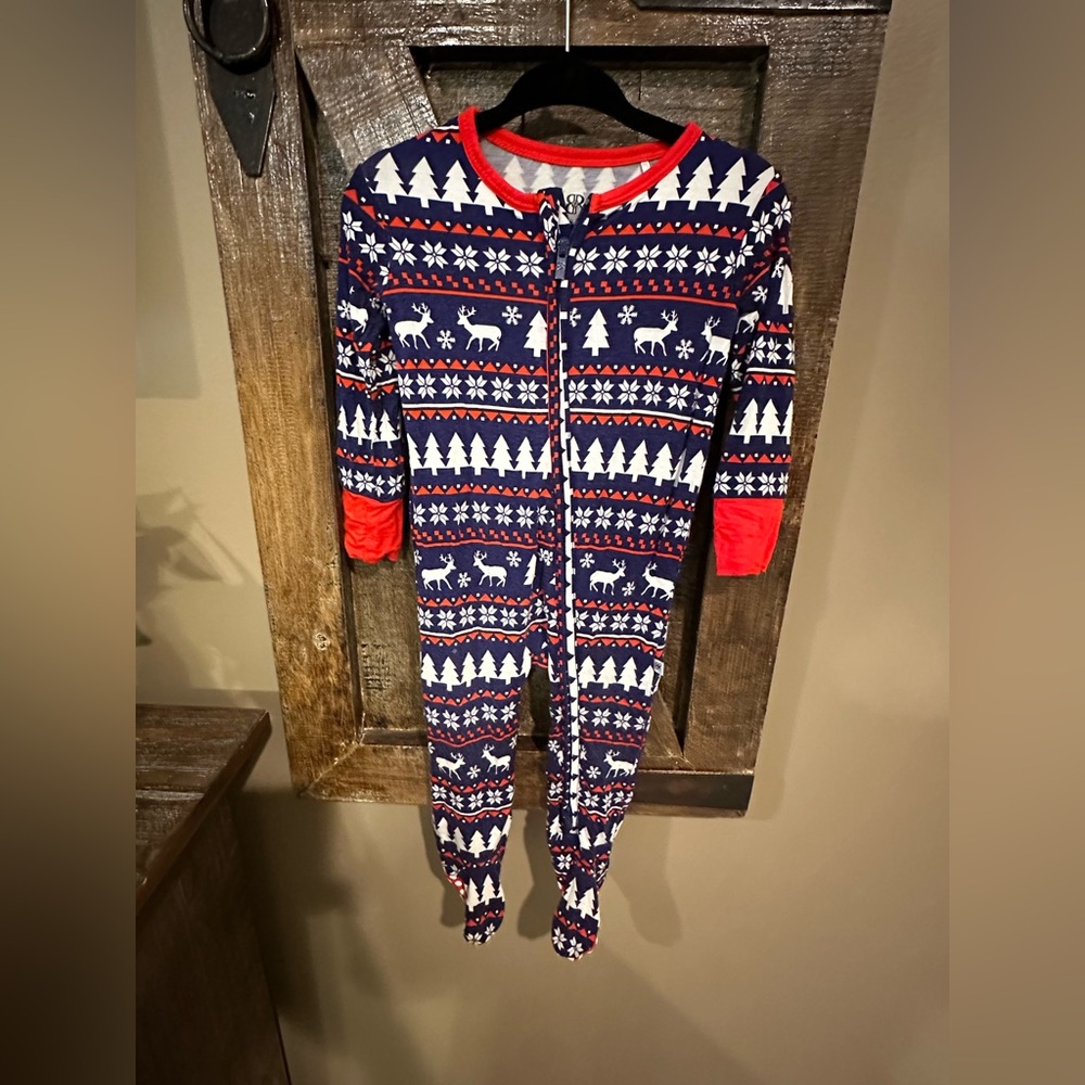 Bums and Roses Christmas/ Holiday Blue and Red Footie Onsie - Bamboo 9-12 months